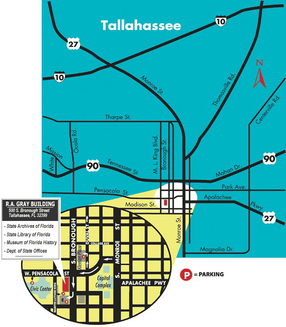 Map of downtown Tallahassee area with inset show location of R.A. Gray Building